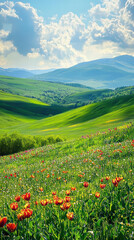 Fototapeta premium Rolling Hills and Wildflowers: A breathtaking panorama of rolling green hills dotted with vibrant wildflowers under a bright, sunlit sky.