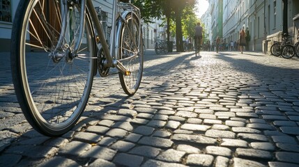 Obraz premium A bicycle leans on a cobblestone street under soft, dappled sunlight, flanked by lively urban surroundings, suggesting casual exploration.
