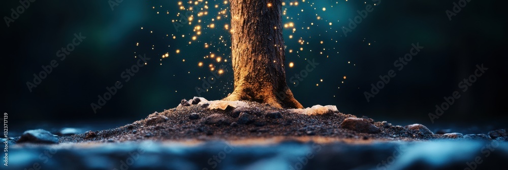 Poster quantum ecosystem visualization bioluminescent nature-tech convergence revealing interconnected digi