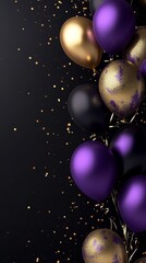 Elegant Celebration: Gold, Purple, and Black Balloons with Confetti on Dark Background. Festive Party Decoration for Birthday, Holiday, or Special Event.