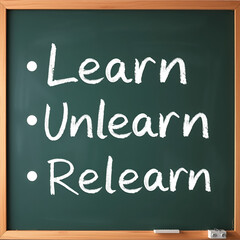 Obraz premium Vintage school chalkboard with handwritten text Learn Unlearn Relearn - concept of knowing to discard learned outdated knowledge or skills or fake information and ready to relearn new ones