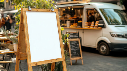 A blank wooden sign easel stands outside a vibrant food truck amid lush greenery.