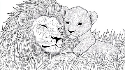 Lion and cub resting in African savanna grass; coloring page
