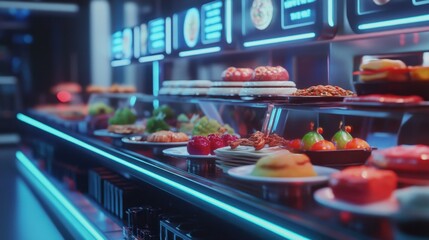 A futuristic kitchen setup with holographic food displays showcasing a variety of vibrant, neatly arranged dishes.