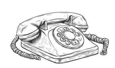 Vintage rotary telephone icon set, retro communication device symbols, linear style vector.