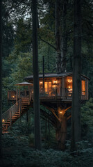 Secluded Treehouse: A charming treehouse nestled in a dense forest, illuminated by warm, inviting light, creating a sense of seclusion and peaceful retreat. 