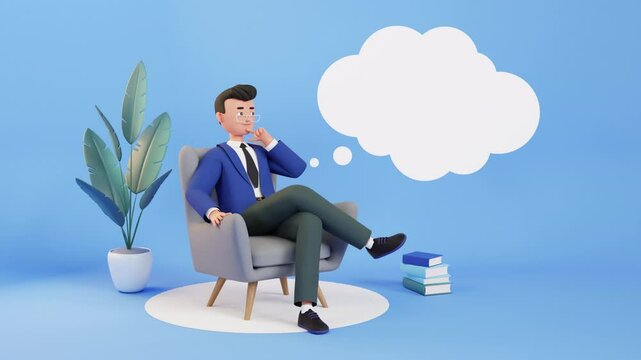 Man 3d character in an armchair dreaming animation. Speech bubble or thought bubble above guy's head with copy space for text. Think, analyse. animated template video. looped video