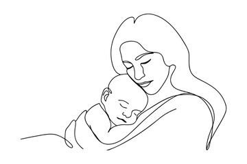 Mothers Love One Line Drawing of a Mother and Baby