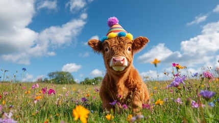 Festive Highland Calf: A Celebration in a Flower Meadow under a Sunny Sky