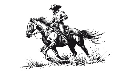Fototapeta premium Cowboy on horseback riding through grassland in motion, black and white linear icons set - vector.