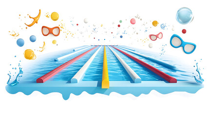 A cut-out of a school swimming competition with lanes, goggles, and water splash icons on a white background