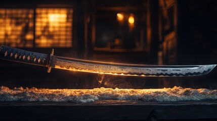 A blade of exquisite craftsmanship, forged with the dedication of traditional Japanese sword-smiths, gleamed under the soft glow, its intricate etching a testament to the artistry of generations of