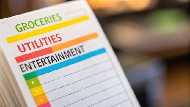 financial benefits budget optimization concept. Shopping list highlighting groceries, utilities, and entertainment categories.