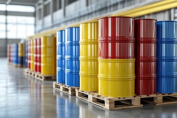 Blue, yellow, and red paint barrels on pallets in a modern warehouse with light gray walls