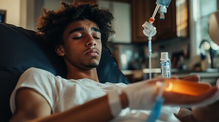 Teenager with hemophilia receives home infusion demonstrating independence and self-care during World Hemophilia Day awareness