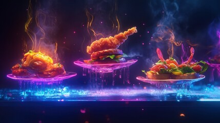 A holographic food display of neon-lit gourmet dishes, with vibrant colors and modern plating techniques, floating in mid-air.