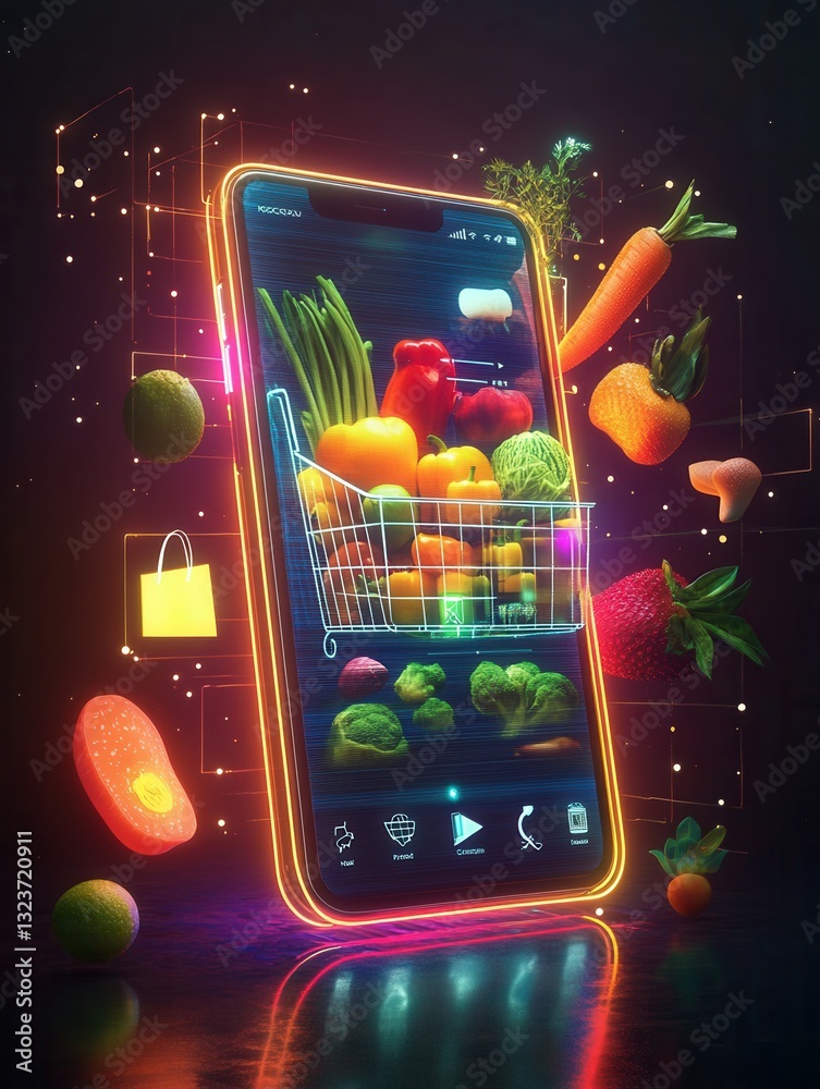 Poster grocery shopping app showcases futuristic design with floating fruits and vegetables