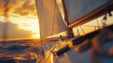 Fototapeta premium A sailboat glides through golden waves as the sun sets, painting the sky with warm hues and capturing the spirit of adventure at sea.