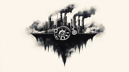 Obraz premium IndustrialIsland A Factory Suspended, Gears Turning, Smoke billowing, an Apocalyptic vision of Industry