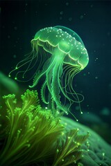 Fototapeta premium Translucent green jellyfish drifting gracefully in the depths alongside vibrant sea flora