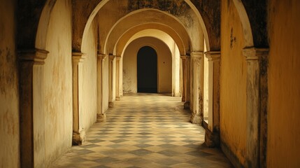 Obraz premium A mysterious ancient corridor with arched passageways bathed in golden light, inviting exploration and storytelling.
