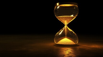 A large hourglass with glowing golden sand, illuminated against a dark background.