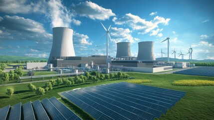 A large industrial facility with a field of wind turbines and solar panels nearby, symbolizing the commitment to green energy sources.