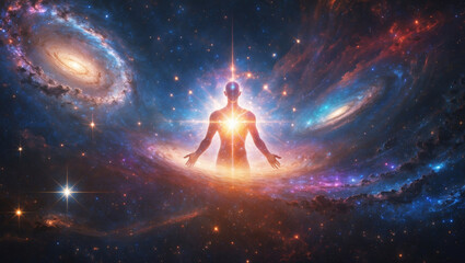 A human silhouette bathed in cosmic light stands amidst a vibrant galaxy, symbolizing spiritual awakening.
