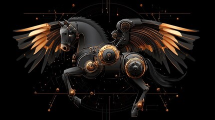 Steampunk Pegasus A Majestic Mechanical Horse with Golden Wings Soaring Through the Night