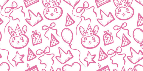 Cute hand-drawn party pattern with bunny faces, gifts, and festive elements. Doodle seamless pattern.