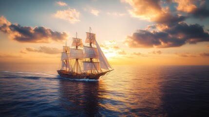Obraz premium A grand ship sails into a radiant sunset, its majestic sails billowing against a colorful sky, epitomizing adventure, freedom, and timeless exploration.