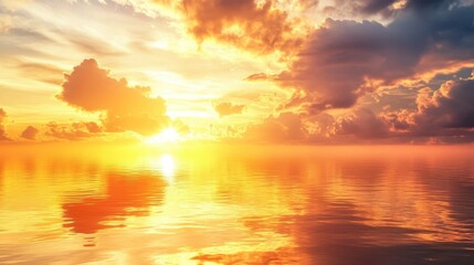 Fototapeta premium A majestic sunrise over a calm sea with the soft golden light casting reflections on the water.