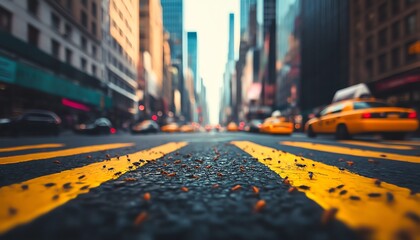 Obraz premium Low angle view of a city street with yellow lines, blurred background of skyscrapers and taxis. Urban cityscape, street photography.