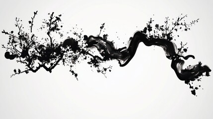 Abstract black ink painting on white background. Artistic brush strokes create a dynamic organic shape reminiscent of nature