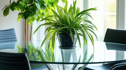 Fototapeta premium A minimalist meeting space featuring an oval glass table, ergonomic chairs, and potted plants for a touch of nature.