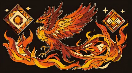 네온 피닉스 라이징 타투 디자인: 기하학적 플라즈마 불꽃, 메탈릭 환생 에너지 – 이스포츠 브랜딩 및 버추얼 아이돌 미학을 위한 디자인