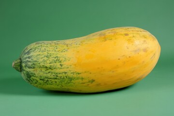 An elongated fruit with green and yellow colors sits alone