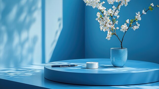Harmonious Composition, Blue Serenity with Floral Accent and Writing Tool