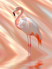 Fototapeta premium A graceful flamingo stands elegantly, reflected in shimmering waters, set against a dreamy pink and orange backdrop, evoking a serene ambience.