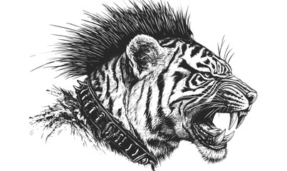 Fierce roaring tiger with spiked collar, linear wild animal icons set, vector.