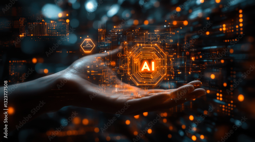 Poster exploring the intersection of technology and artificial intelligence with a hand holding a digital r