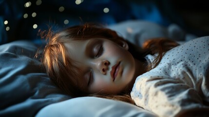 A peaceful child sleeping under a starry night sky, gentle light casting a warm glow, invoking dreams and innocence in a serene, tranquil setting.