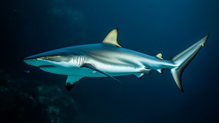 Fototapeta premium A sleek shark swims gracefully through the ocean depths, embodying power and elegance in its natural aquatic environment.