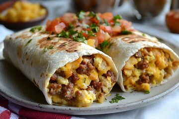 Two delicious breakfast burritos with egg, sausage, and cheese, garnished with pico de gallo and cilantro.