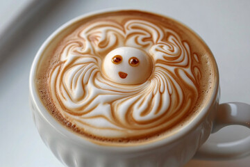latte with a smiling face in artistic milk foam design resembling a sun swirl