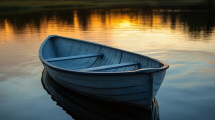 Fototapeta premium A solitary wooden boat rests on tranquil water beneath a vibrant sunset, hues reflecting on the ripples, embodying peace and solitude.