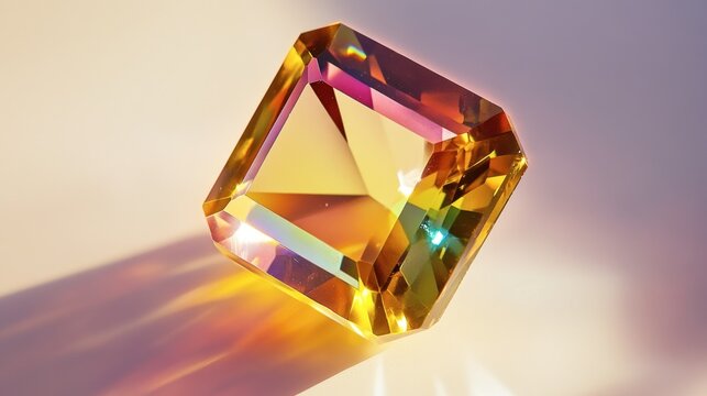 A rare sphene gemstone with a remarkable rainbow-like fire effect, sparkling brilliantly.
