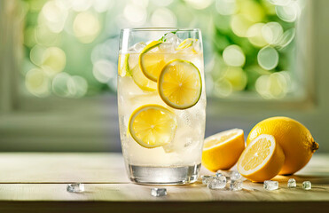 A glass of lemonade on a light background. Lemon slices and ice pieces are visible in the glass. A refreshing summer drink