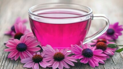 Vibrant pink herbal tea with fresh purple echinacea flowers on wooden surface.