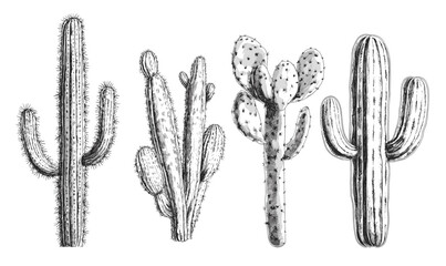 Set of hand-drawn cactus illustrations in black and white, vector, linear icons set.